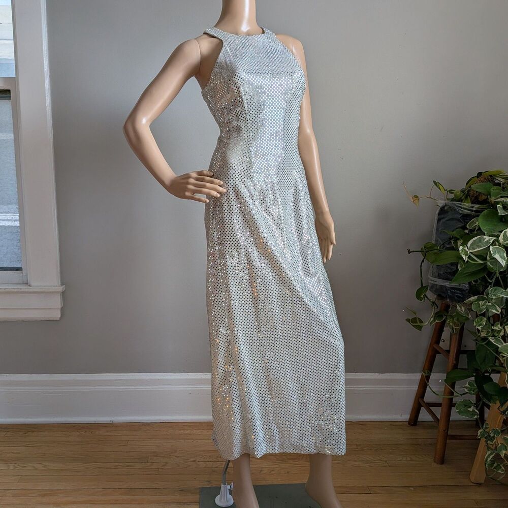 Vintage 90s All That Jazz Silver Sequin Prom Dress Formal Size 7/8